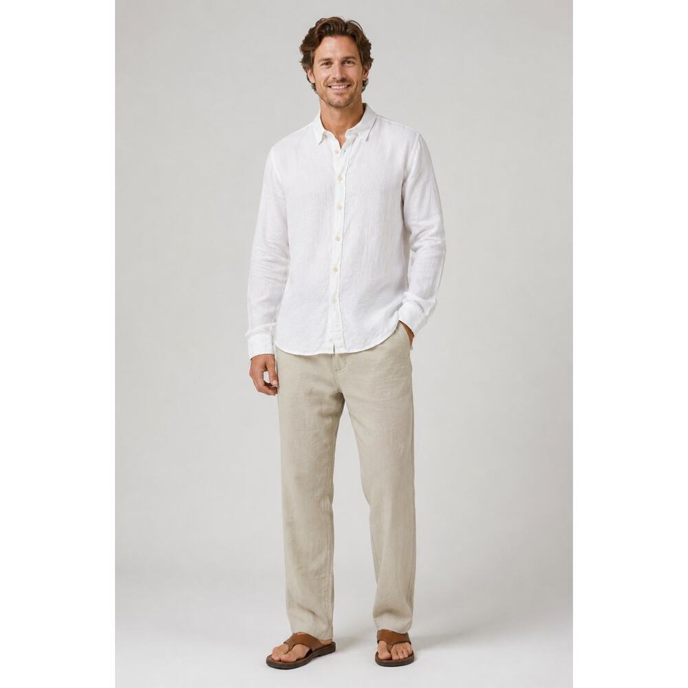 Flax Mens Linen Long Sleeve Button Front Collared Shirt Size Small White New
